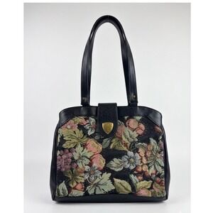 Flawed Gem! PC Vtg Tapestry Floral Shoulder Bag Black Faux Leather Trim Satchel